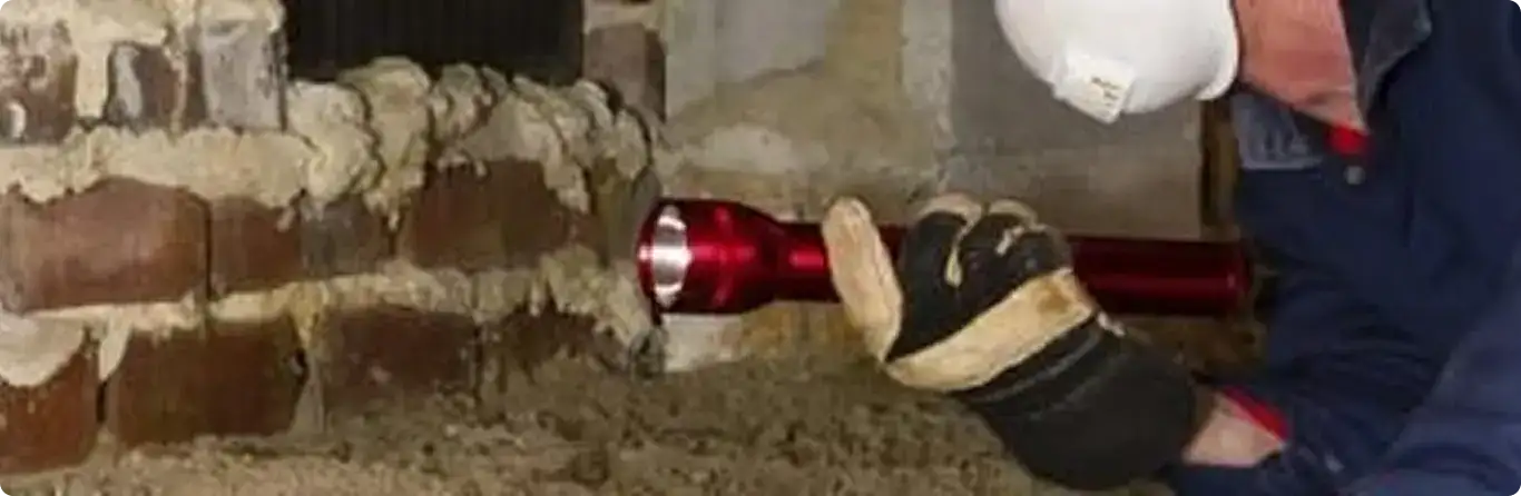 Pest control technician inspecting a crawl space for ant activity in Irvine, CA