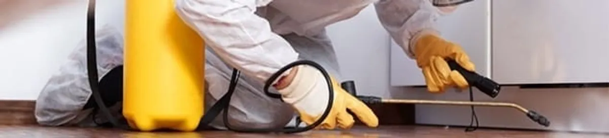 Roach exterminator treating cracks and crevices along kitchen baseboards in Orange, CA