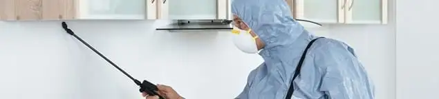 Termite treatment technician applying indoor pest control spray in Orange, CA
