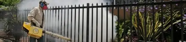 Mosquito control technician fogging a yard perimeter for mosquito reduction in Orange, CA